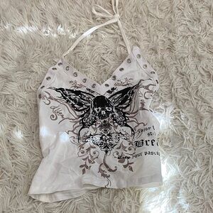 White Halter Top with Butterfly Design